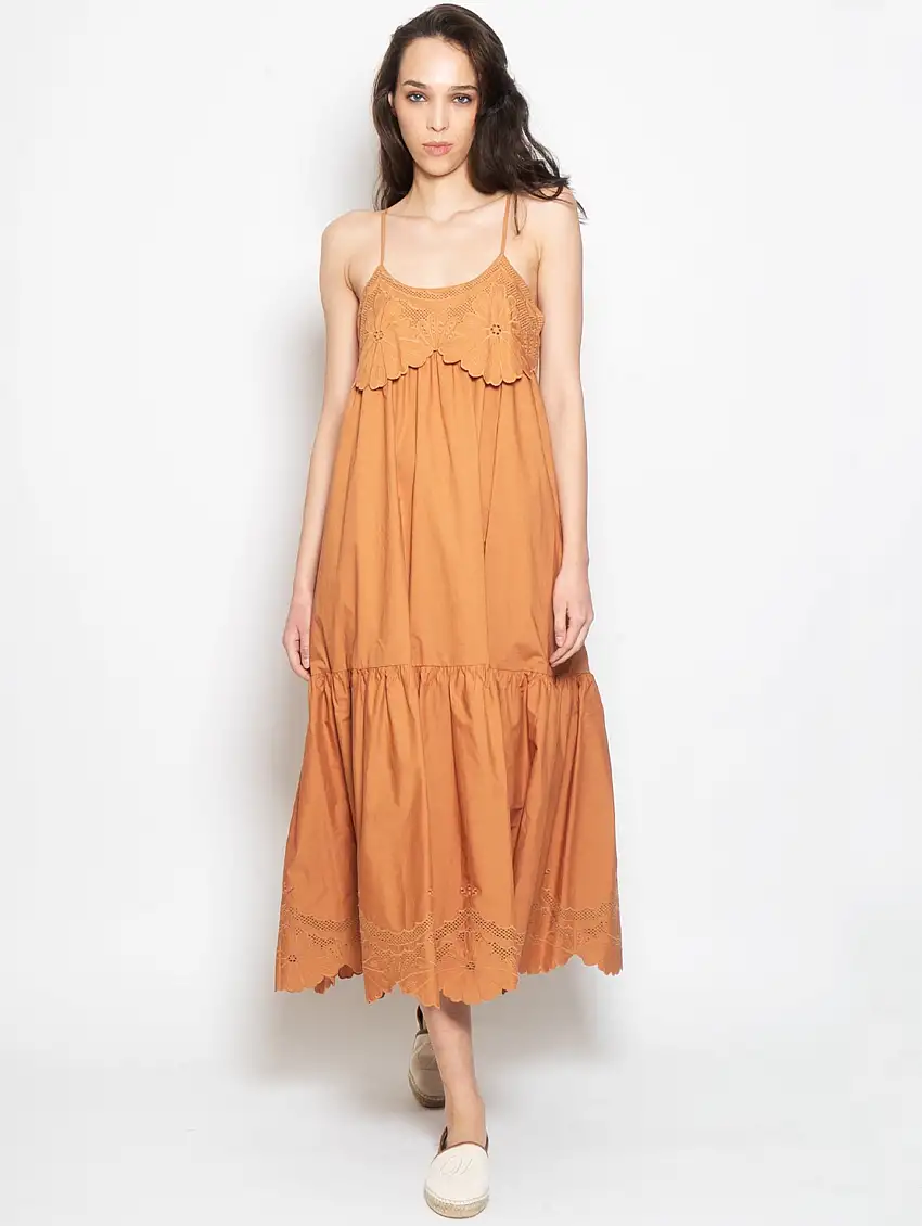 Abito Lungo in Cotone con Ricami Marrone