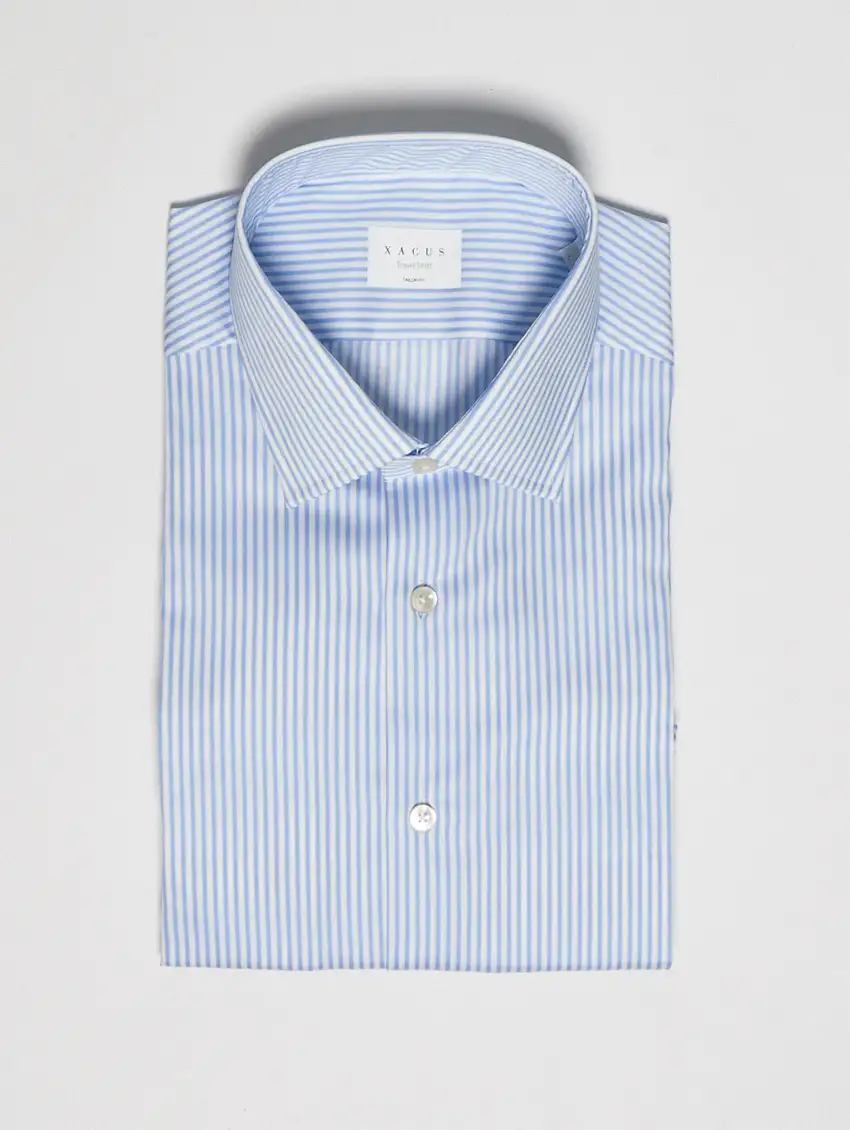 Camicia in Cotone No Stiro a Righe Bianco/Celeste