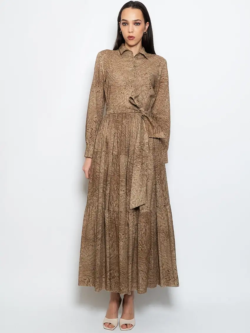 Abito Chemisier con Stampa Geometrica Cacao/Sabbia