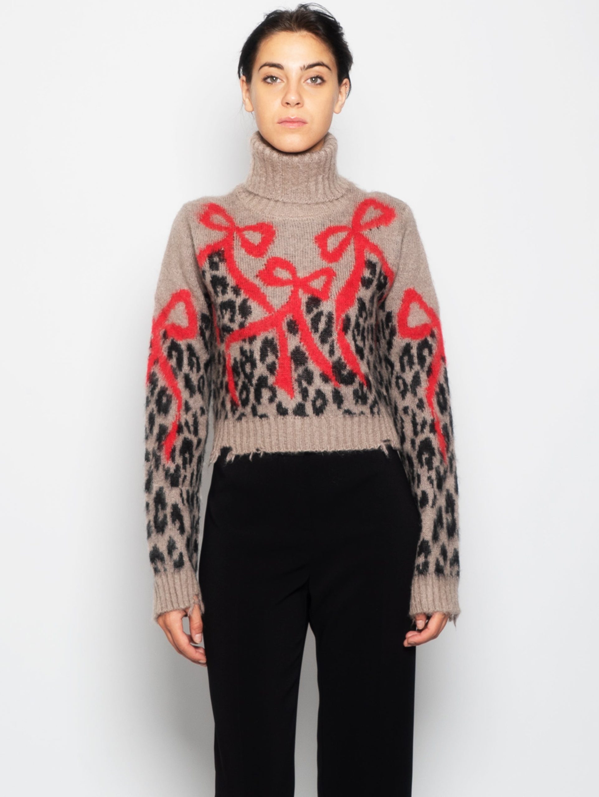 Maglia Cropped Collo Alto Maculata Marrone
