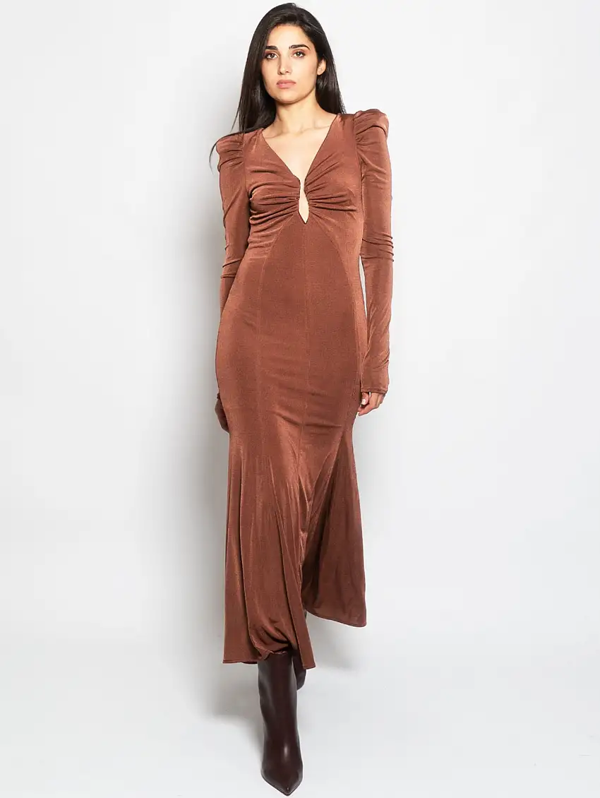 Abito Lungo con Scollo a Goccia Marrone