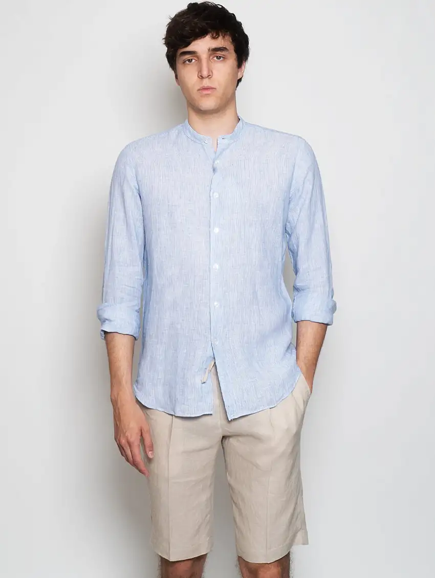 Camicia Coreana in Lino a Righe Blu