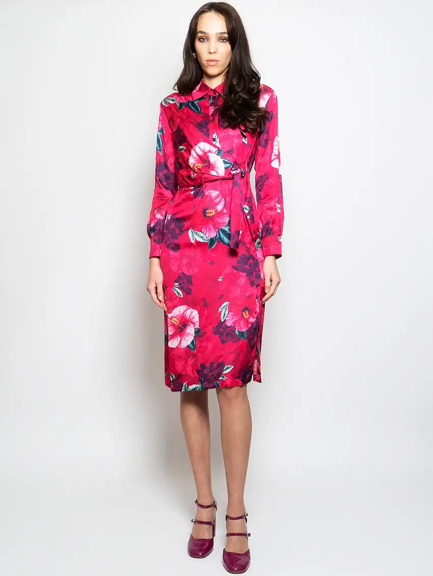 Abito Chemisier con Stampa Floreale Fucsia