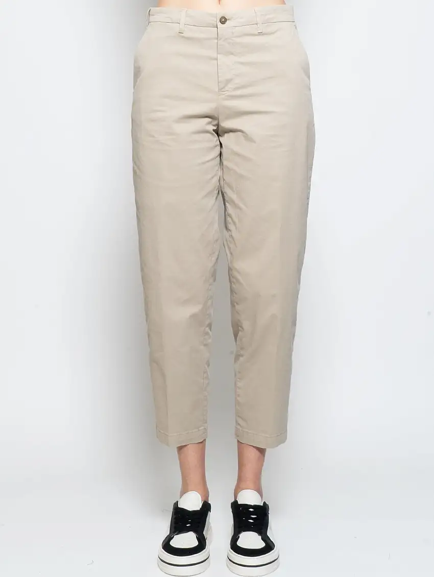 Pantaloni Vita Alta in Cotone Beige