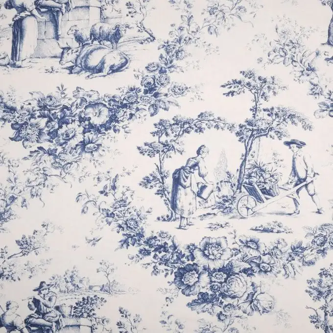 Tessuto cotone stampato toile de jouy cortigiana blu