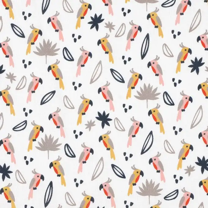 Tessuto cotone pappagalli rosa e giallo