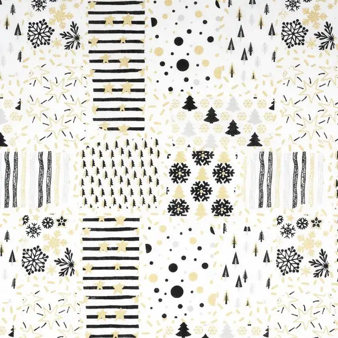 Tessuto cretonne stampato patch nero e oro