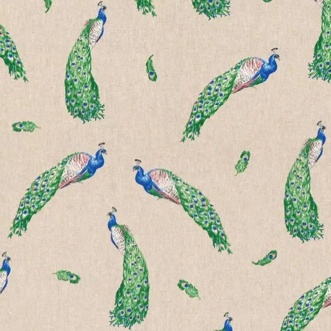 Tessuto cotone spesso elegante pavoni blu e verdi