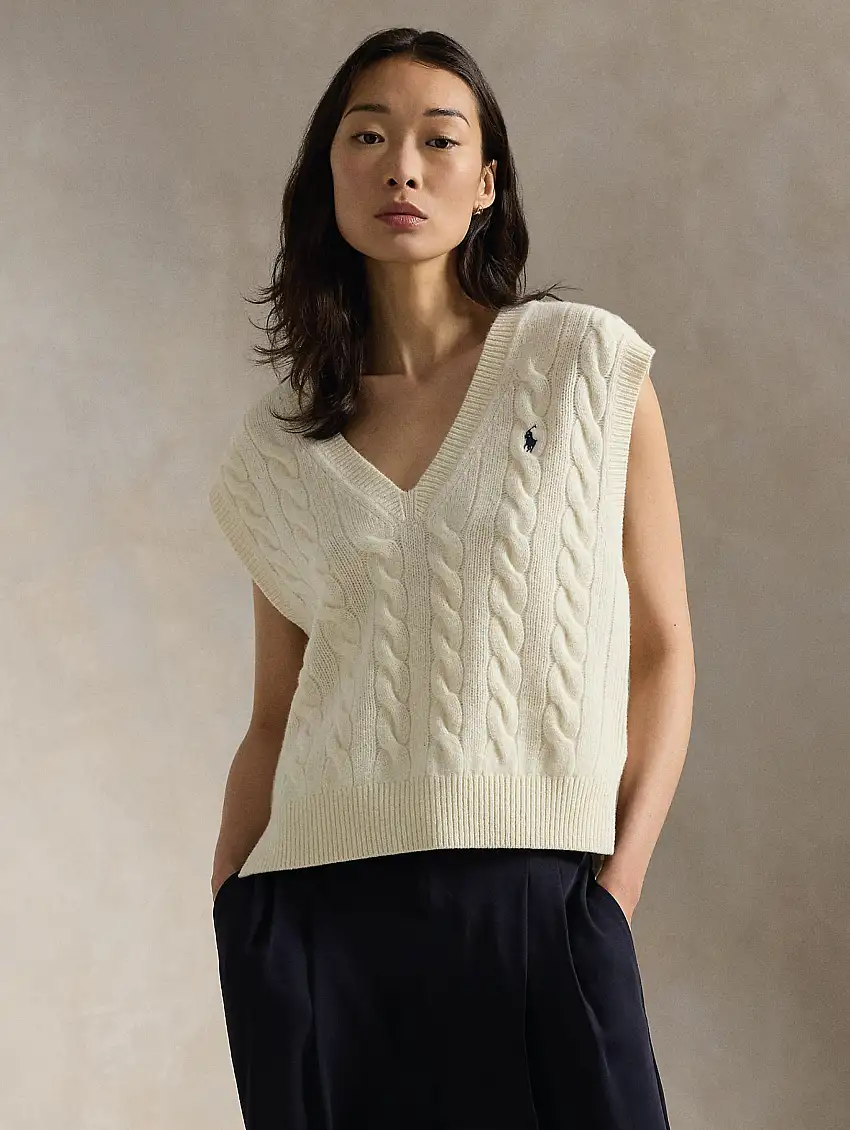 Gilet con Scollo a V a Trecce Crema