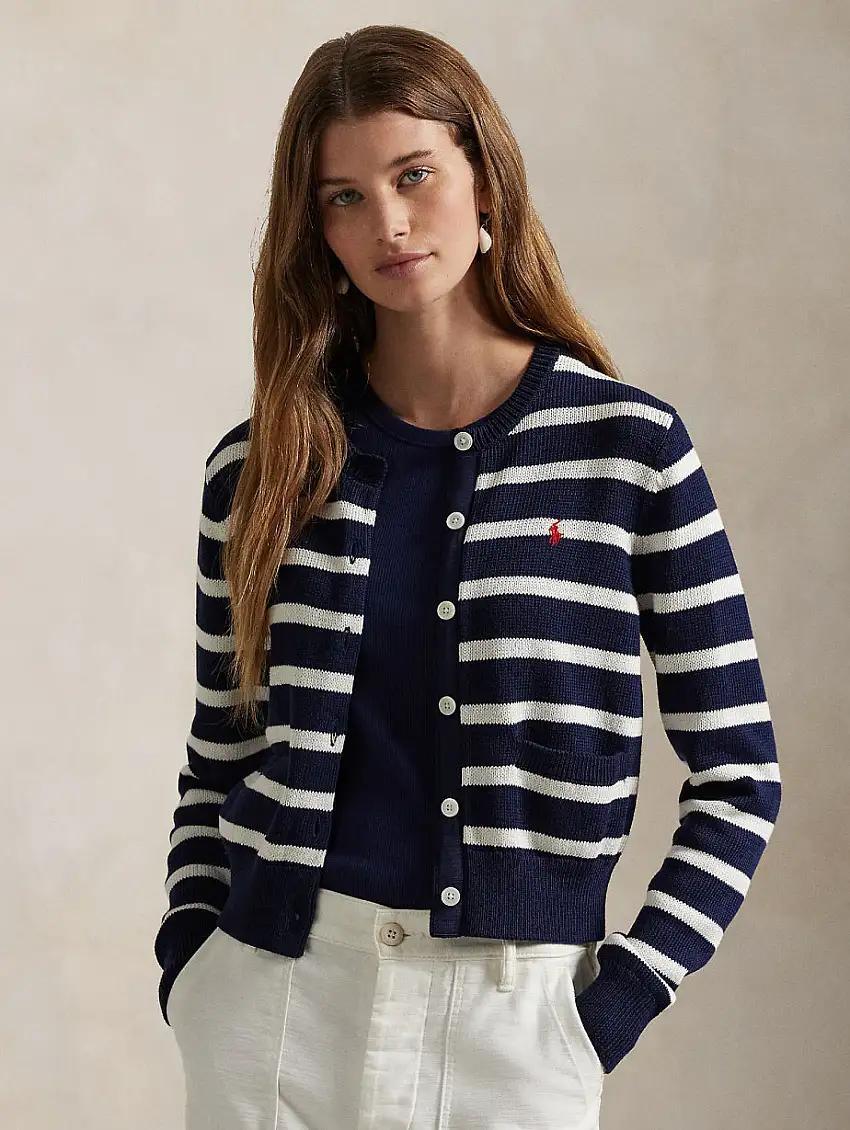 Cardigan Girocollo a Righe Blu/Bianco