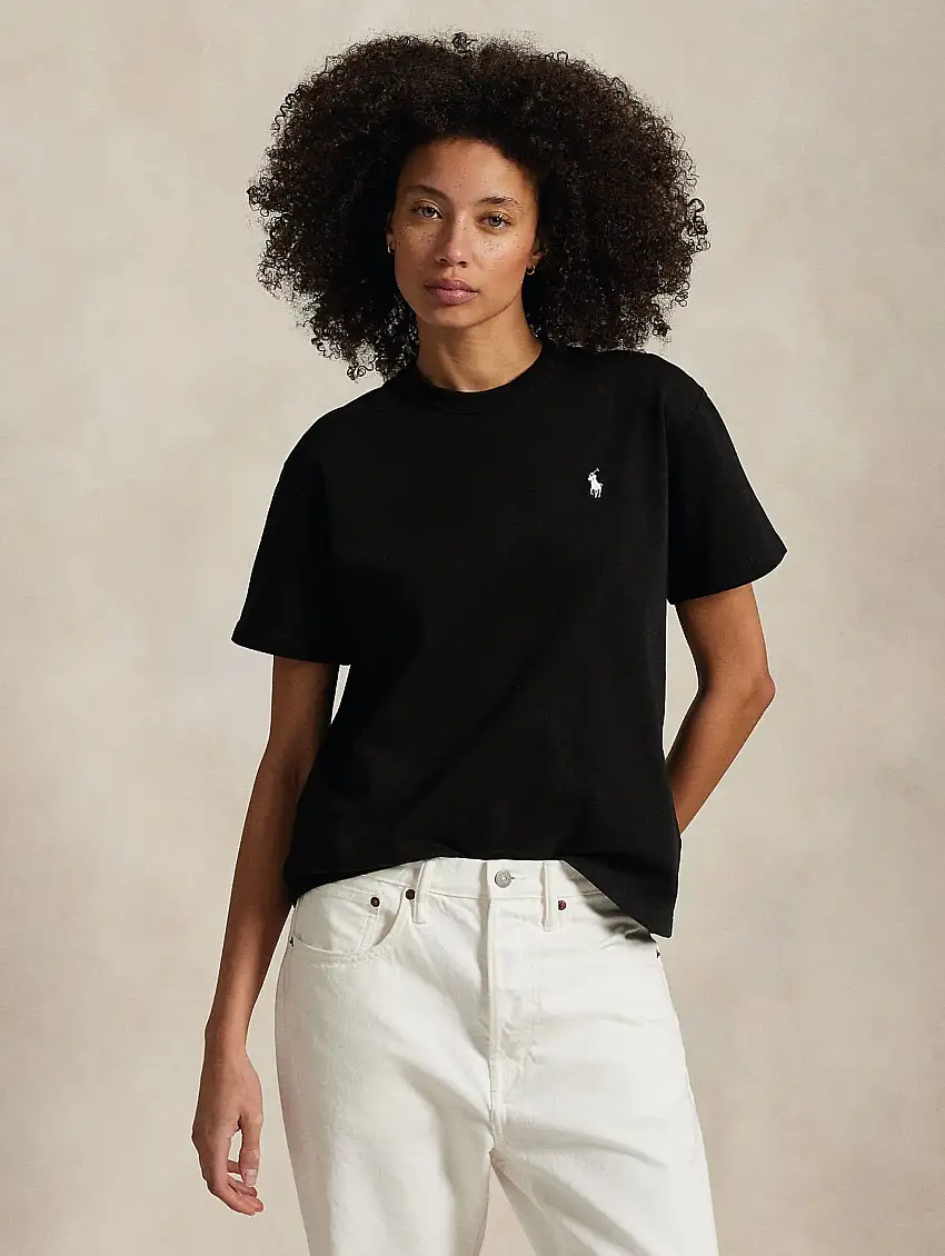 T-shirt in Jersey Pesante con Taglio Morbido Nero