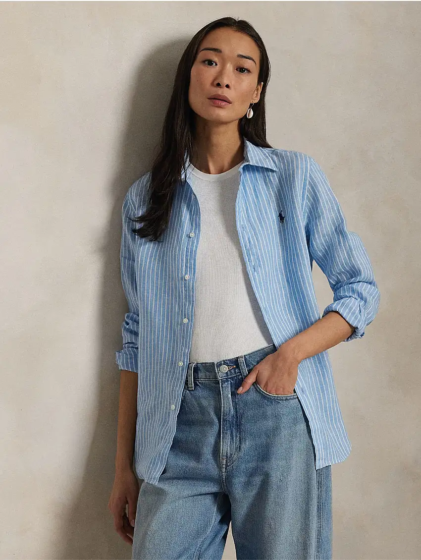 Camicia Classic Fit in Lino a Righe Azzurro/Bianco