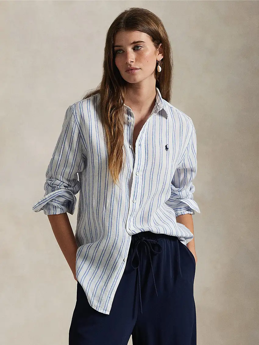 Camicia Classic Fit in Lino a Righe Bianco/Blu