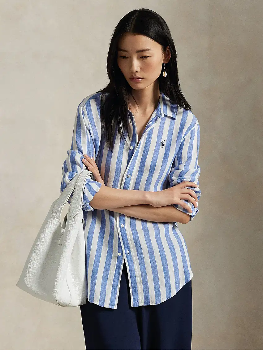 Camicia Classic Fit in Lino a Righe Blu/Bianco