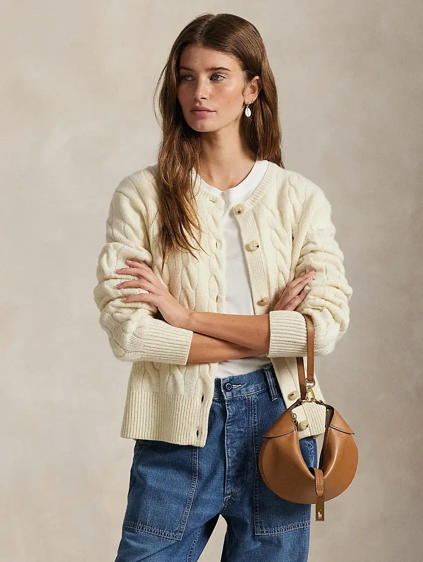 Cardigan Lavorato a Trecce in Misto Cashmere Crema