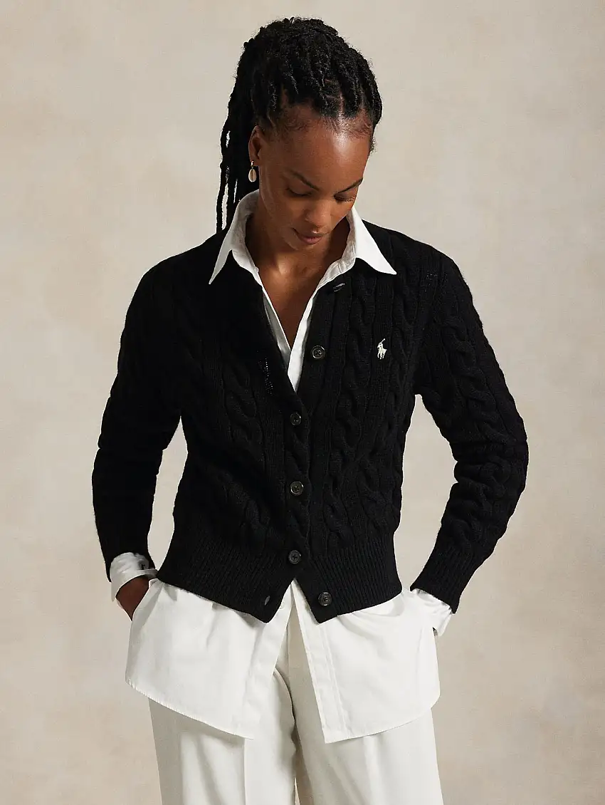 Cardigan Lavorato a Trecce in Misto Cashmere Nero