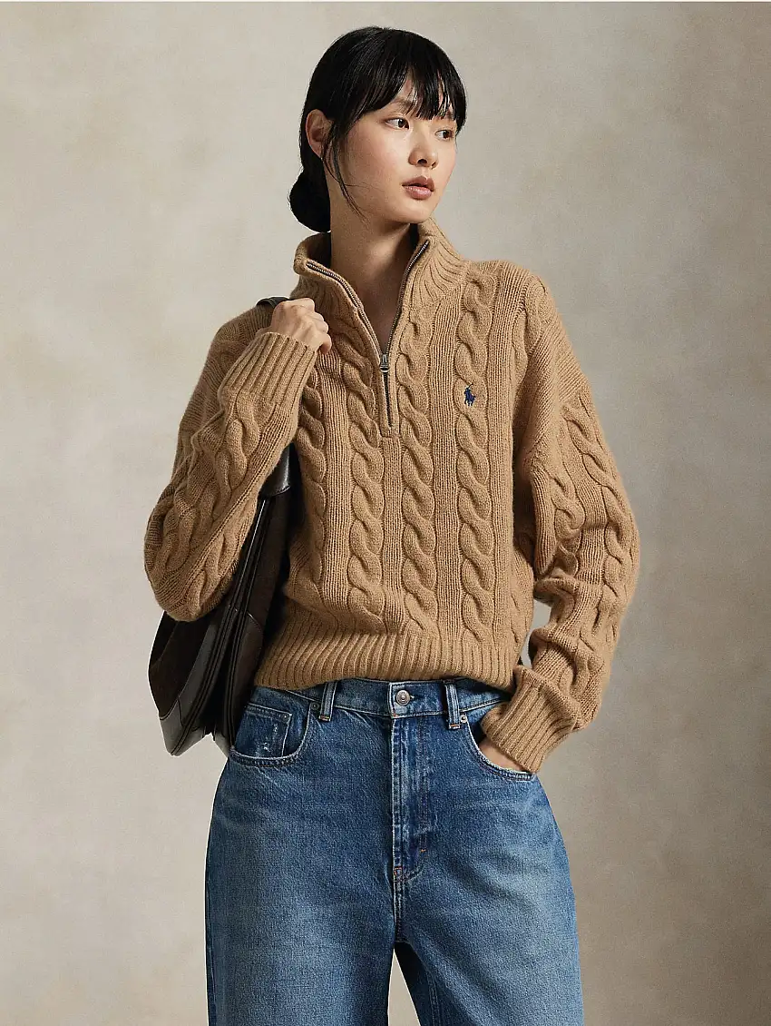 Maglia a Trecce in Lana con Mezza Zip Cammello