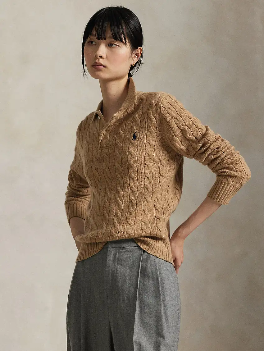 Maglia Polo a Trecce in Lana e Cashmere Cammello