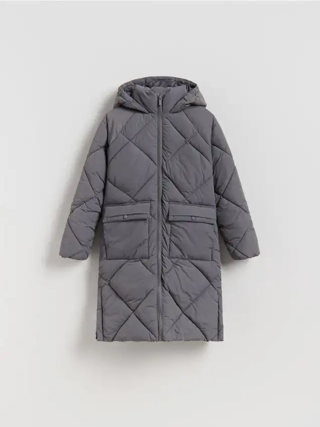 Cappotto lungo trapuntato con cappuccio Colore grigio scuro