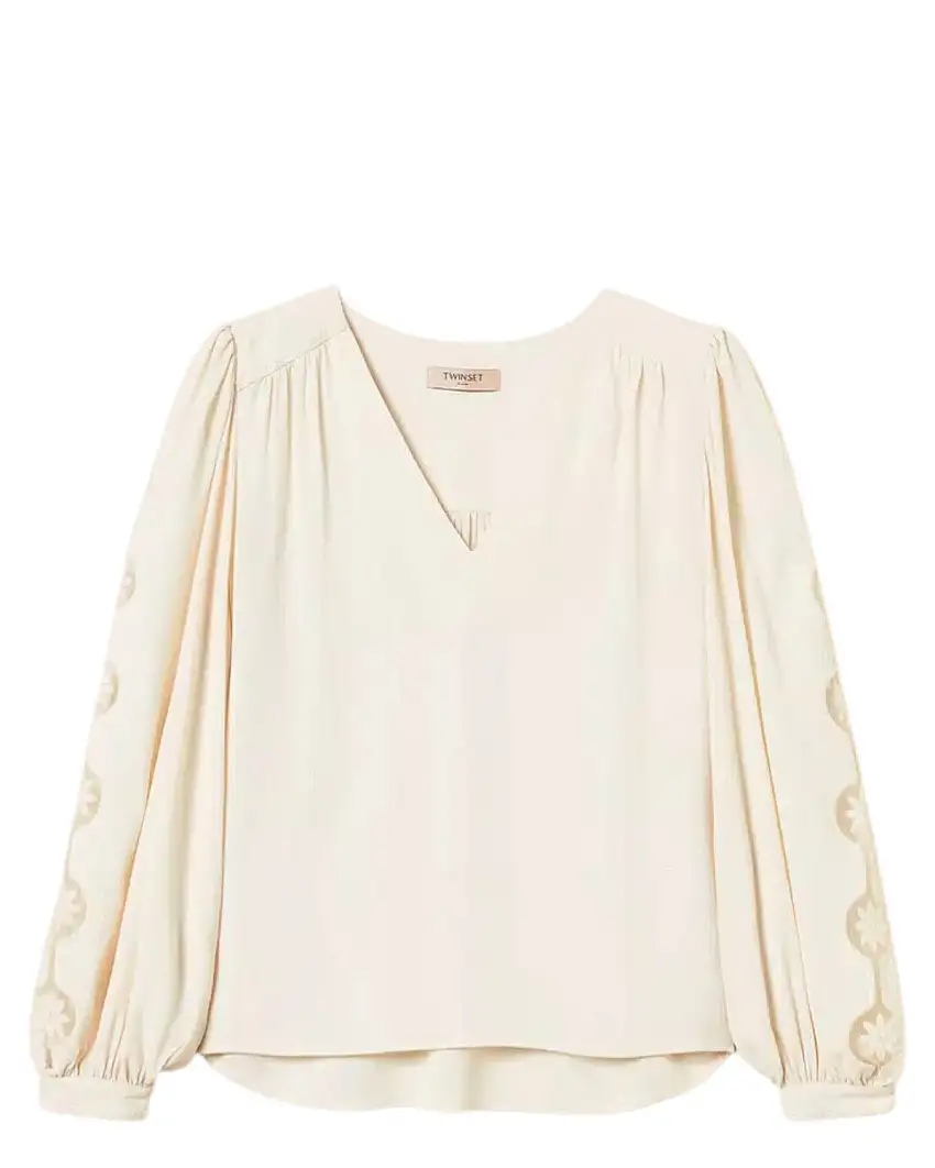 Blusa in Crêpe Beige con Ricami Eleganti
