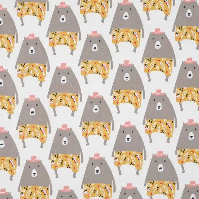 Tessuto cotone orso bianco e giallo