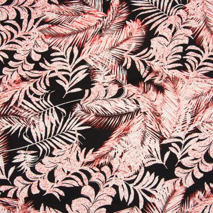 Tessuto jersey viscosa foglie e piume rosa e nero