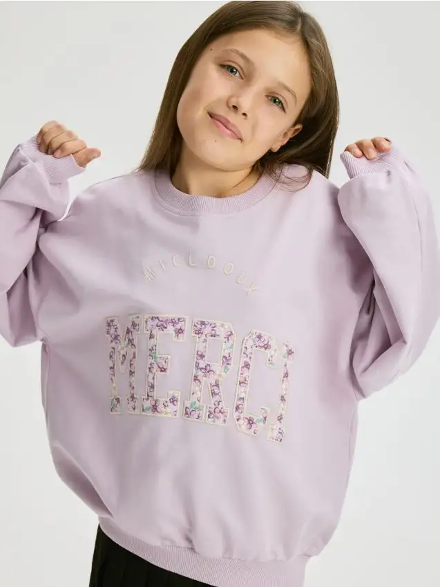 Felpa in cotone con cappuccio e applicazione Colore lavanda