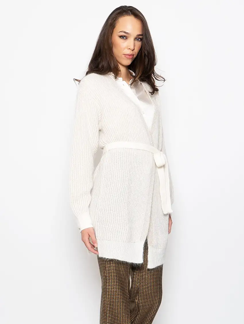 Maxi Cardigan a Coste con Lurex Neve/Oro