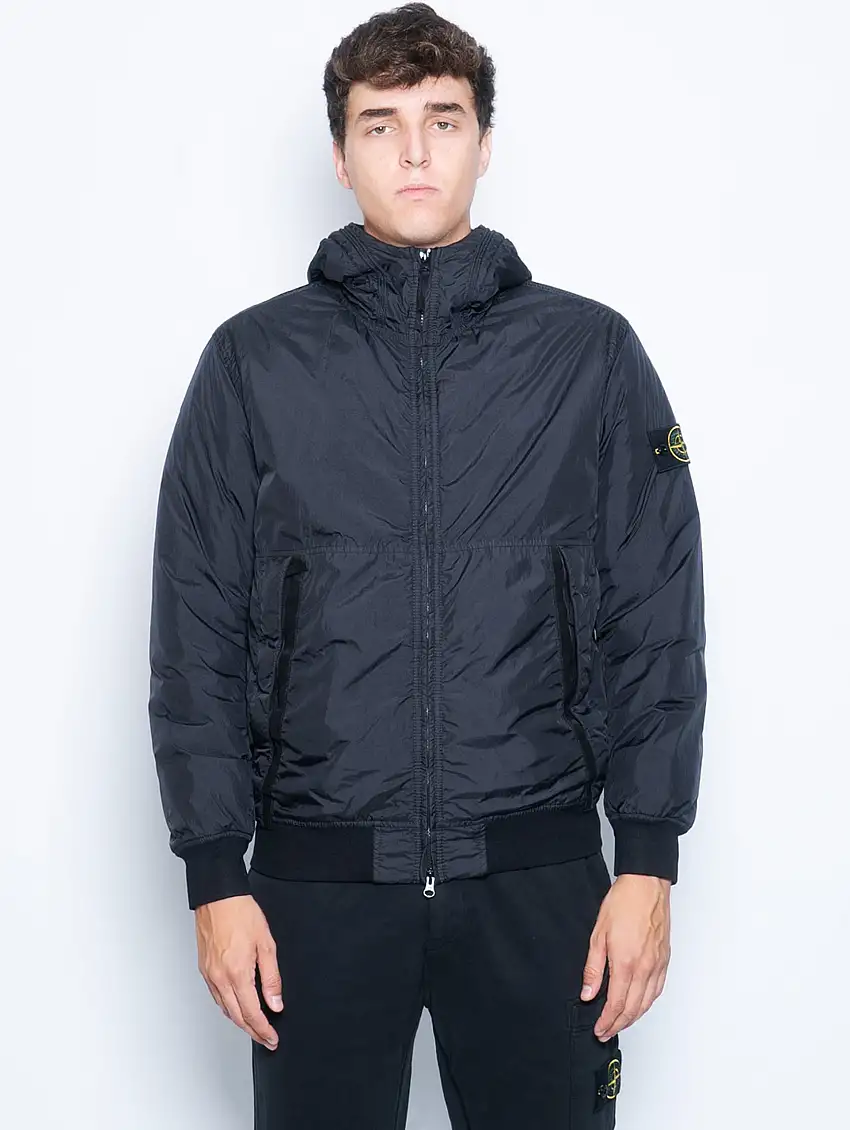 Giubbotto con Cappuccio Nylon Crinkle Reps e Primaloft Nero