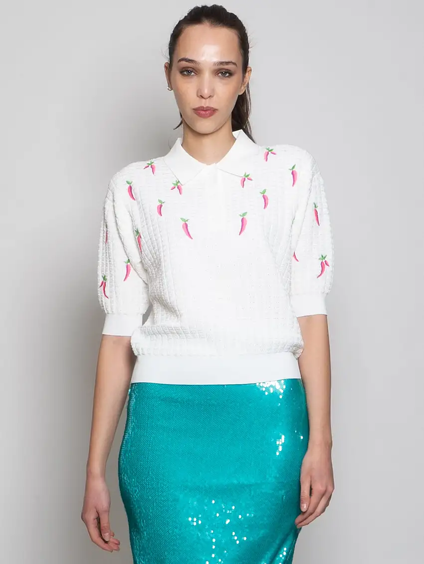 Polo in Maglia con Ricami Bianco