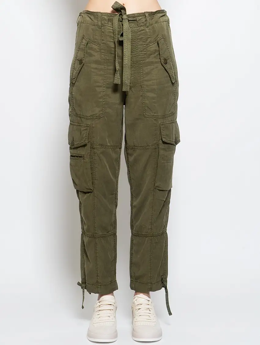 Pantaloni Cargo con Cinta in Misto Lino Verde Oliva