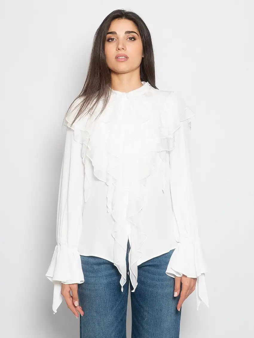 Blusa con Cascata di Volant Bianco