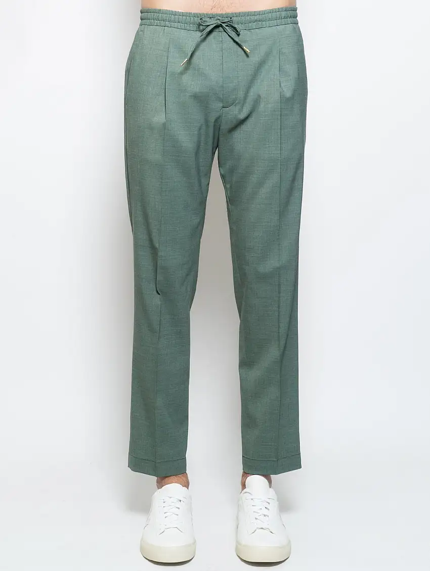 Pantaloni con Coulisse e Pinces in Misto Lana Verde