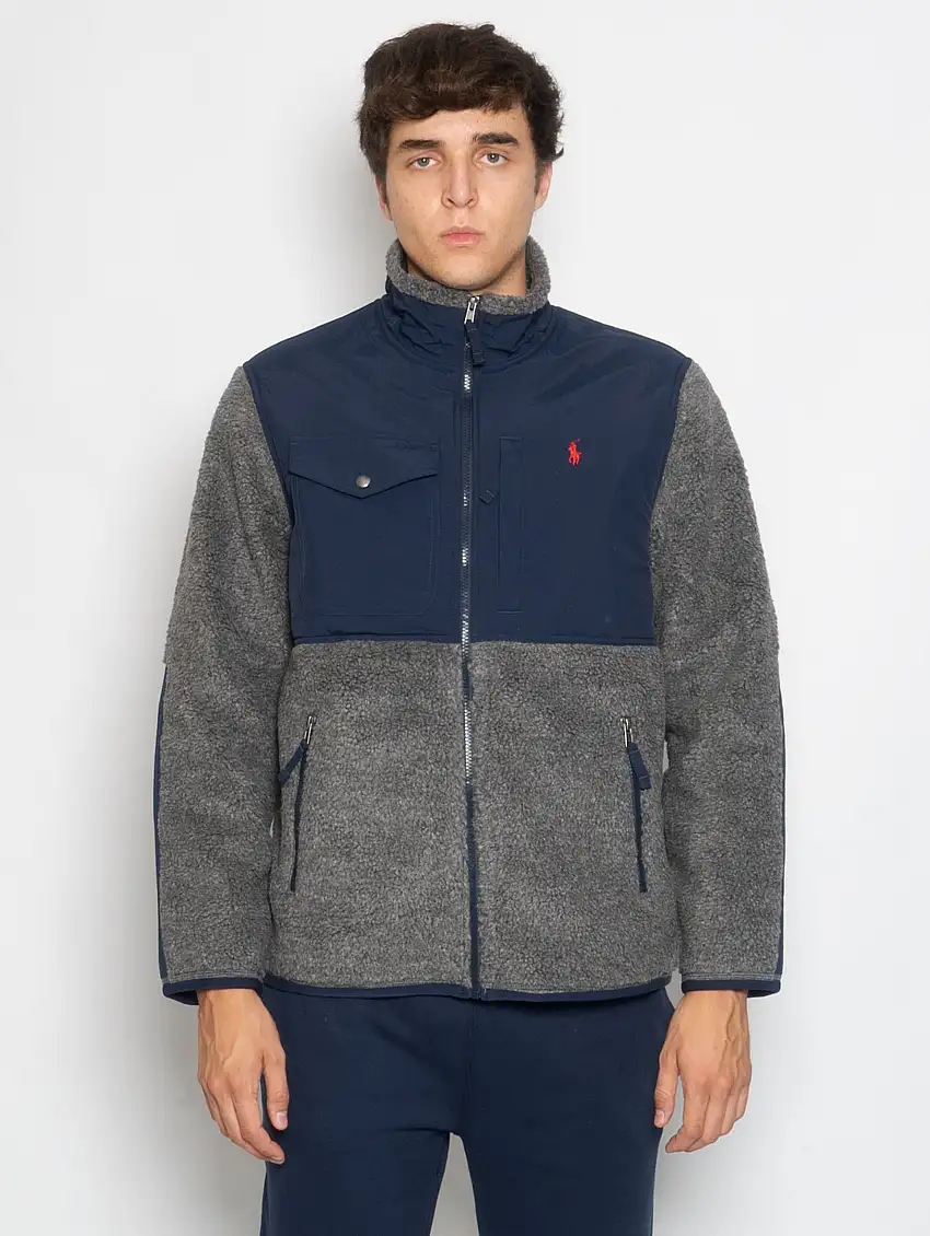 Felpa in Pile a Pelo Lungo Grigio/Blu