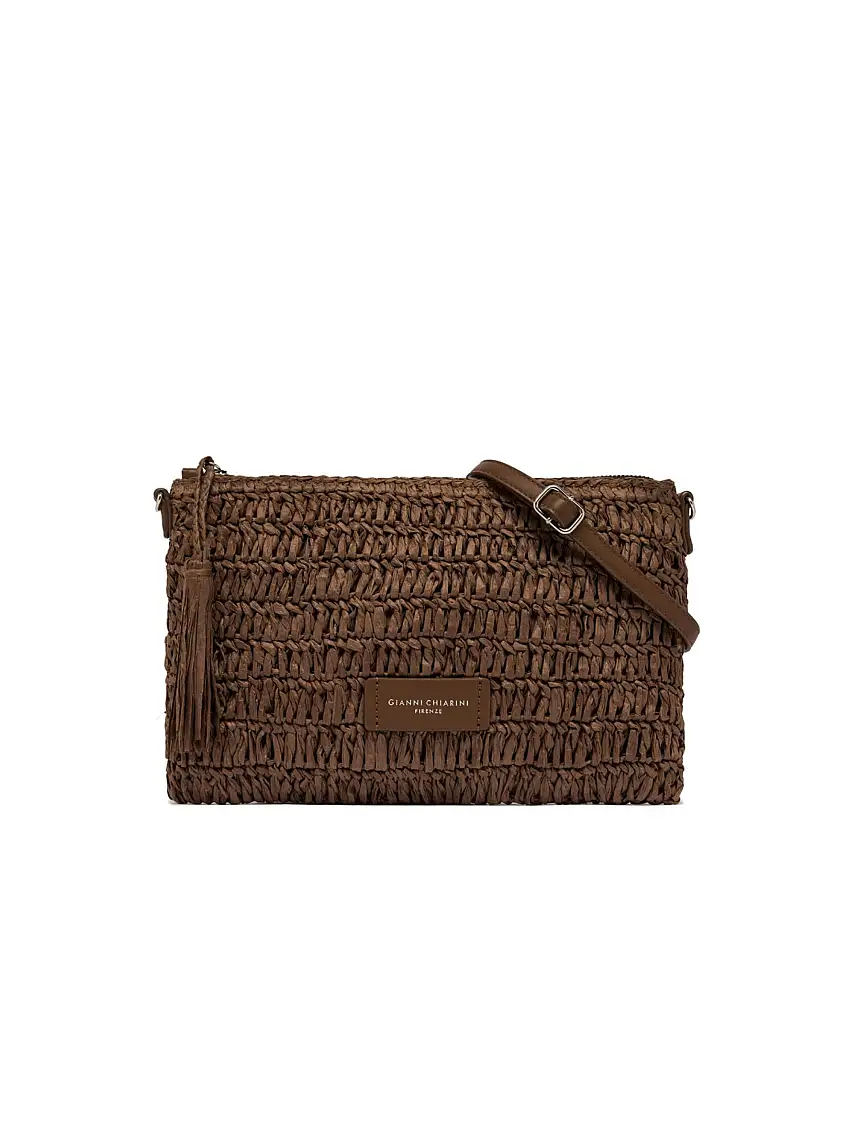 Pochette in Paglia con Lavorazione ad Uncinetto Caffè