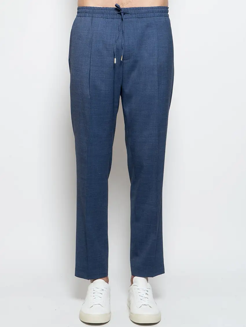 Pantaloni con Coulisse e Pinces in Misto Lana Blu