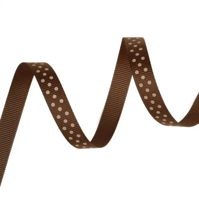 Nastro gros grain marrone con pois taupe chiaro