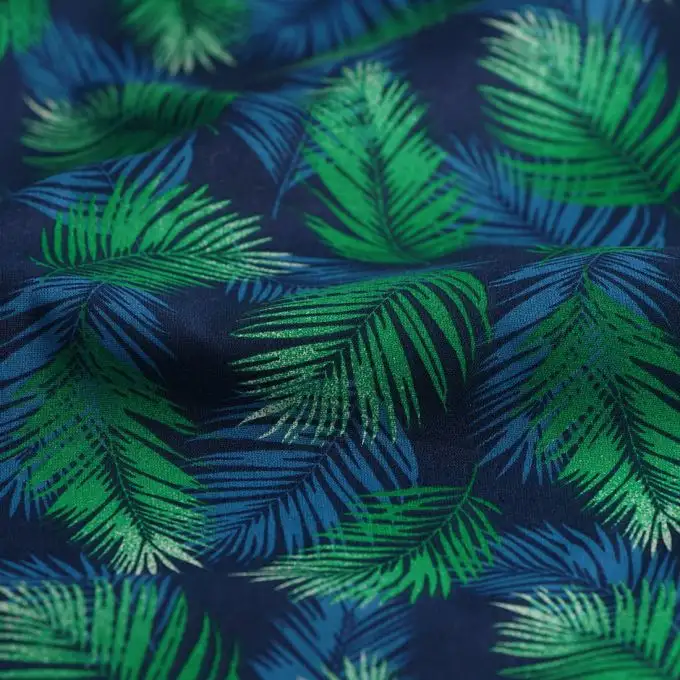 Tessuto cotone piccole palme verde e blu