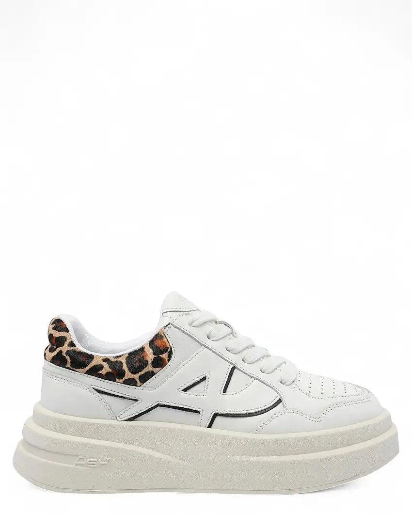 Sneakers Icone Donna in Pelle Bianca con Plateau 50 mm e Dettaglio Leopardato