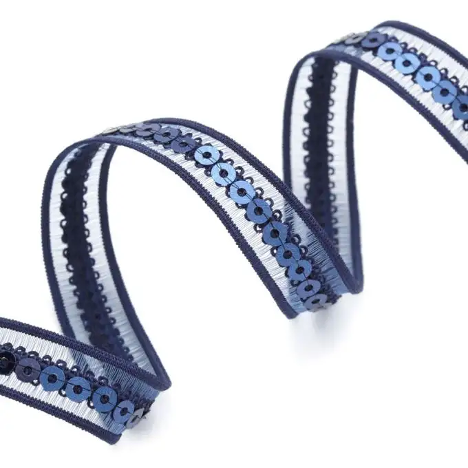 Nastro blu scuro sottile con paillettes 13 mm