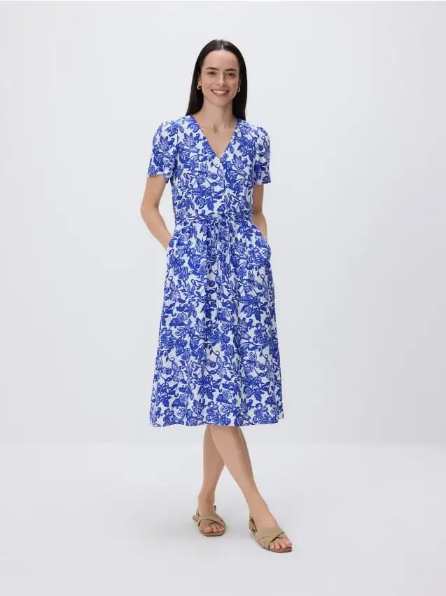 Abito midi stampato in viscosa Colore blu scuro