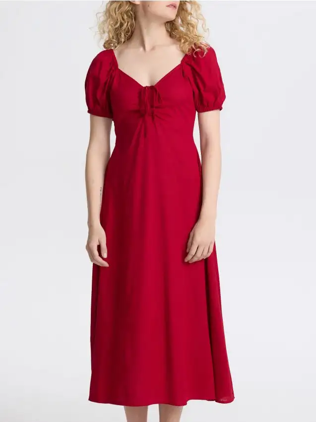 Abito midi con misto lino Colore rosso