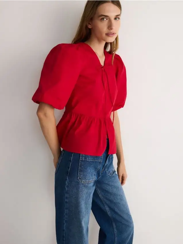 Blusa in cotone con maniche a sbuffo Colore rosso