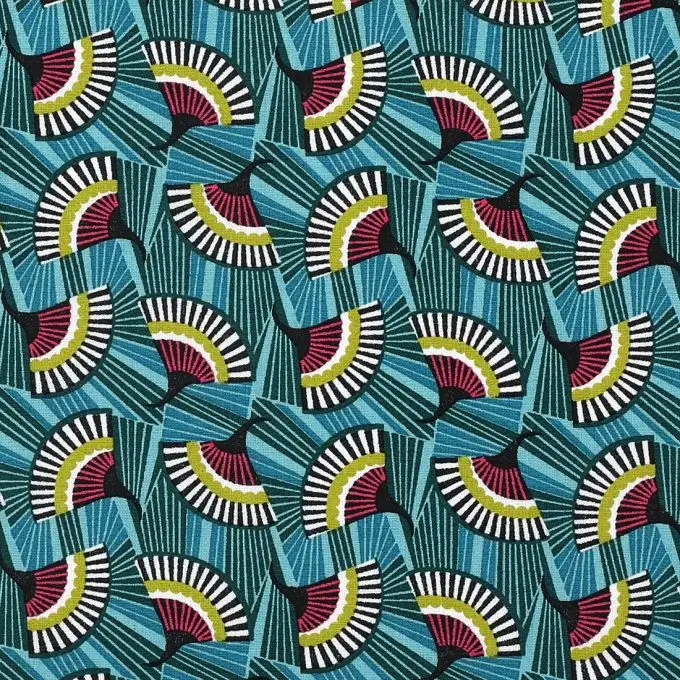 Tessuto cotone ventagli blu