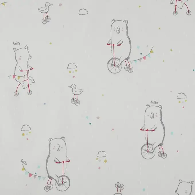 Tessuto cotone ecru orso e volpe in bicicletta