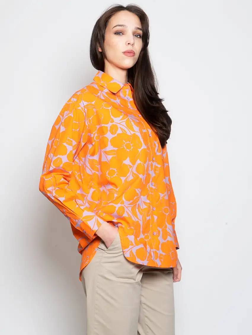 Camicia con Stampa Floreale Arancione/Lilla