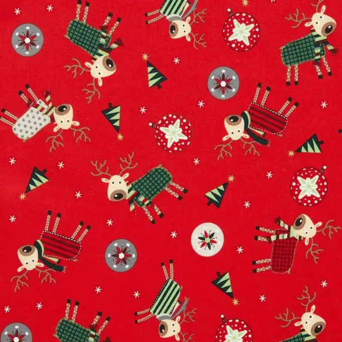 Tessuto cotone stampato renne di natale