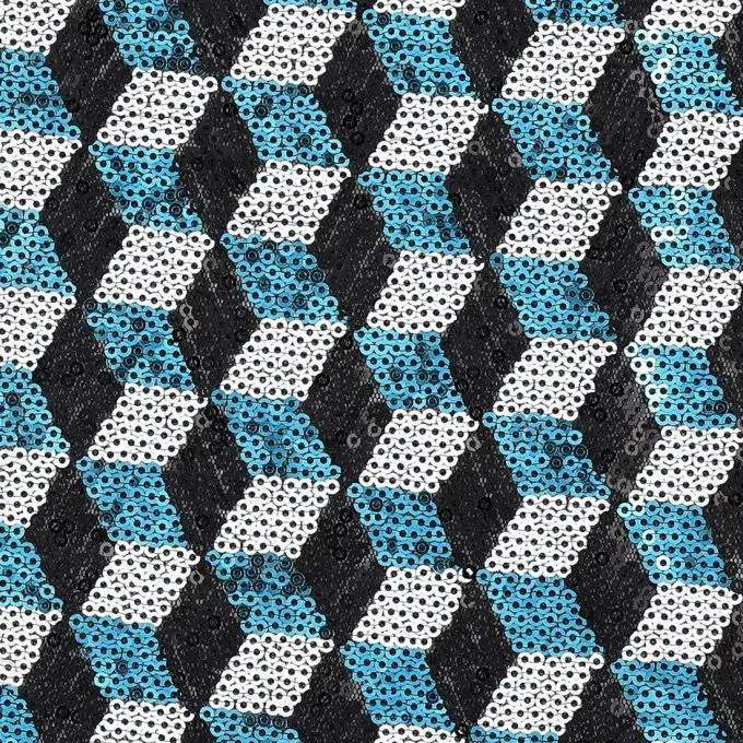 Tessuto paillettes cubi blu nero e bianco