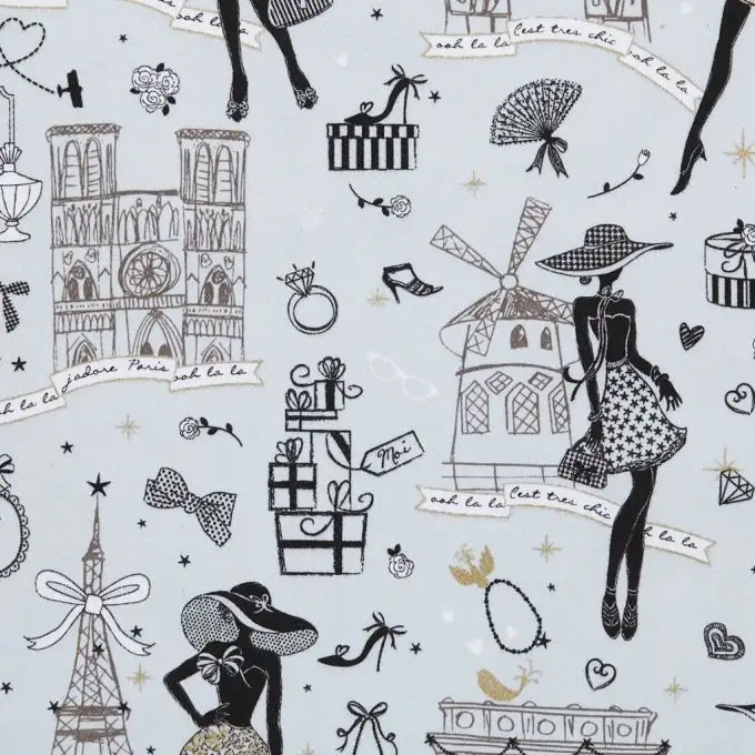 Tessuto twill stampato Parigi blu