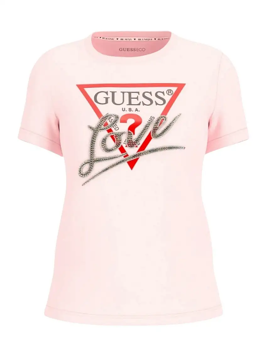 GUESS Women's T-shirt SS CN TRIANGLE LOVE TEE W5RI10 I3Z14 A60W Pink